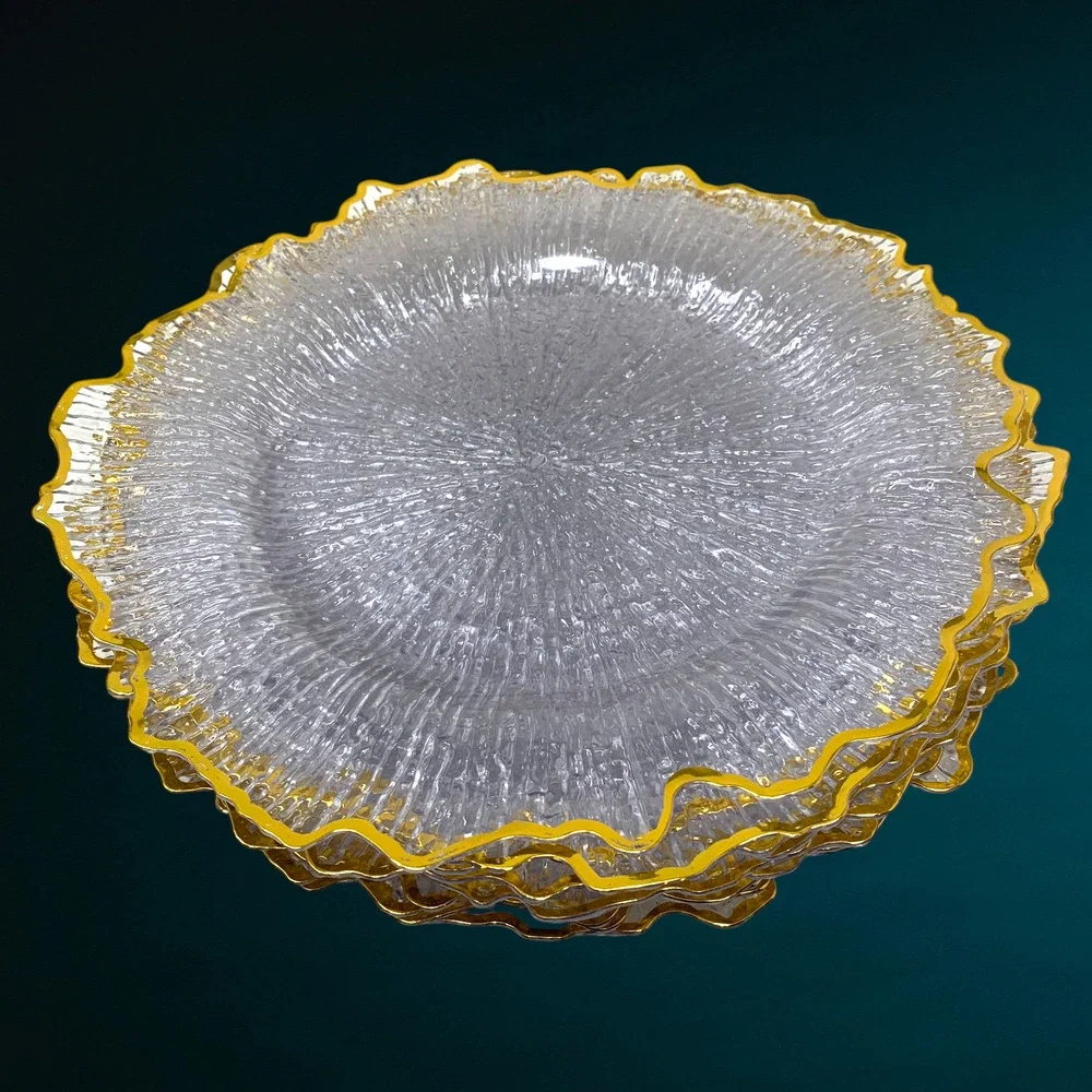Lot 11 x Clear Acrylic Charger Plates Gold Trim Scalloped Edge 12